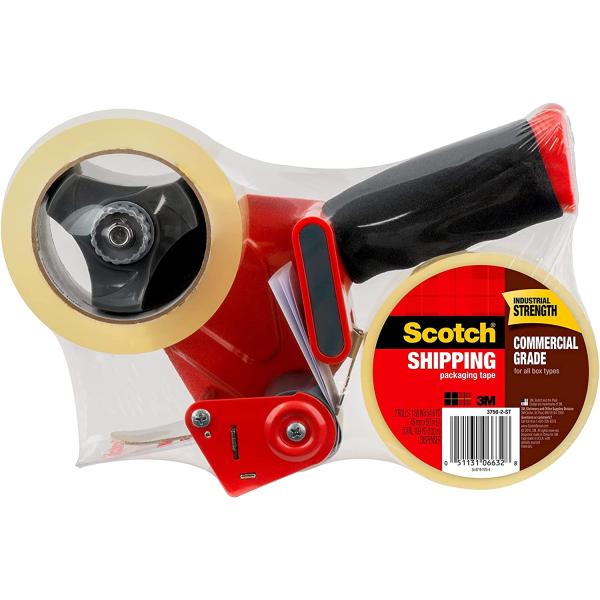 Scotch Commercial Grade Shipping Packaging Tape, 1.88" x 54.6 yd, Designed for Packing, Shipping and Mailing, Guaranteed to Stay Sealed, 3" Core, Clear, 2 Rolls w/1 Dispenser (3750-2-ST)