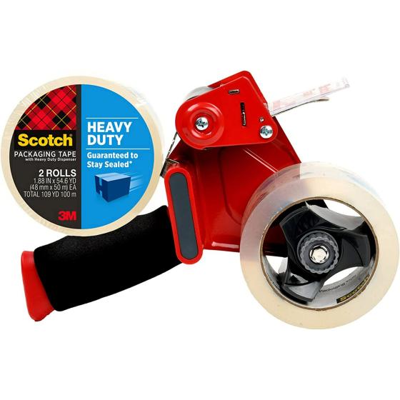 Scotch Heavy Duty Packaging Tape, 1.88" x 54.6 yd, Designed for Packing, Shipping and Mailing, Strong Seal on All Box Types, 3" Core, Clear, 2 Rolls w/Dispenser (3850-2ST)