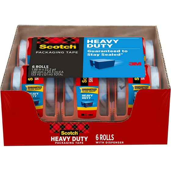 Scotch Heavy Duty Packaging Tape, 1.88" x 22.2 yd, Designed for Packing, Shipping and Mailing, Strong Seal on All Box Types, 1.5" Core, Clear, 6 Rolls with Dispenser (142-6)