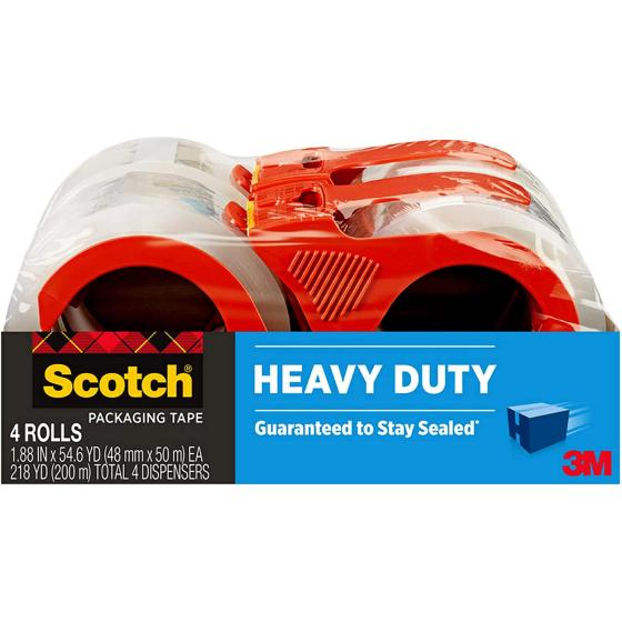 Scotch Heavy Duty Packaging Tape, 1.88" x 54.6 yd, Designed for Packing, Shipping and Mailing, Strong Seal on All Box Types, 3" Core, Clear, 4 Rolls (3850-4RD)