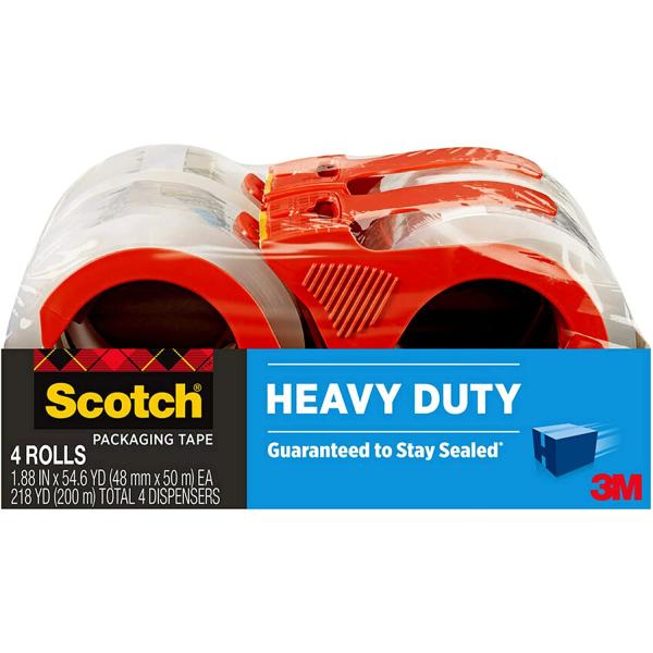 Scotch Heavy Duty Packaging Tape, 1.88" x 54.6 yd, Designed for Packing, Shipping and Mailing, Strong Seal on All Box Types, 3" Core, Clear, 4 Rolls (3850-4RD)