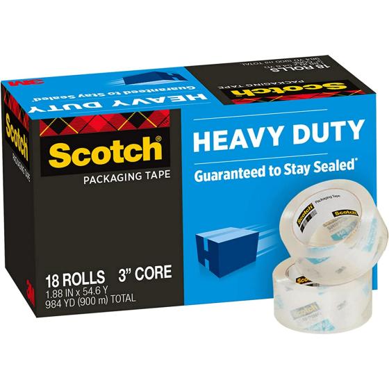Scotch Heavy Duty Packaging Tape, 1.88" x 54.6 yd, Designed for Packing, Shipping and Mailing, Guaranteed to Stay Sealed, 3" Core, Clear, 18 Rolls (3850-18CP)