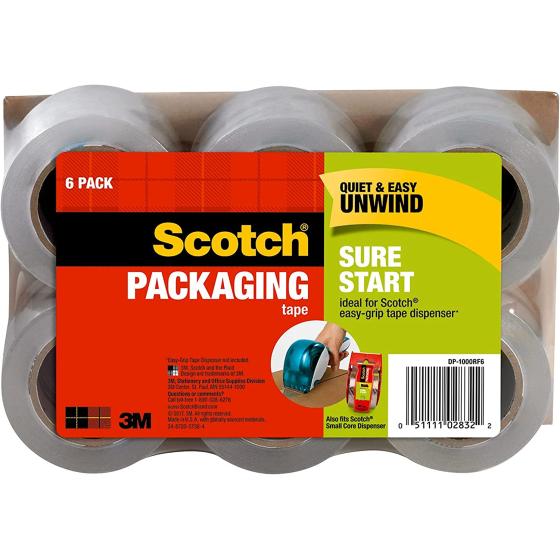 Scotch Sure Start Shipping Packaging Tape, 1.88" x 25 yd, Designed for Packing, Shipping and Mailing, No Splitting or Tearing, 1.5" Core, Clear, 6 Rolls (DP-1000RF6)