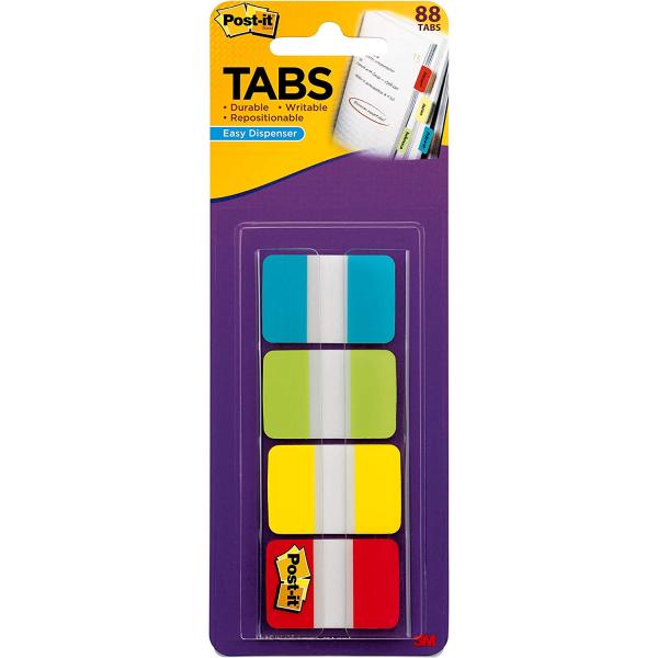 Post-it Tabs, 1 in Solid, Aqua, Lime, Yellow, Red, 22/Color, 88/Dispenser (686-ALYR1IN)