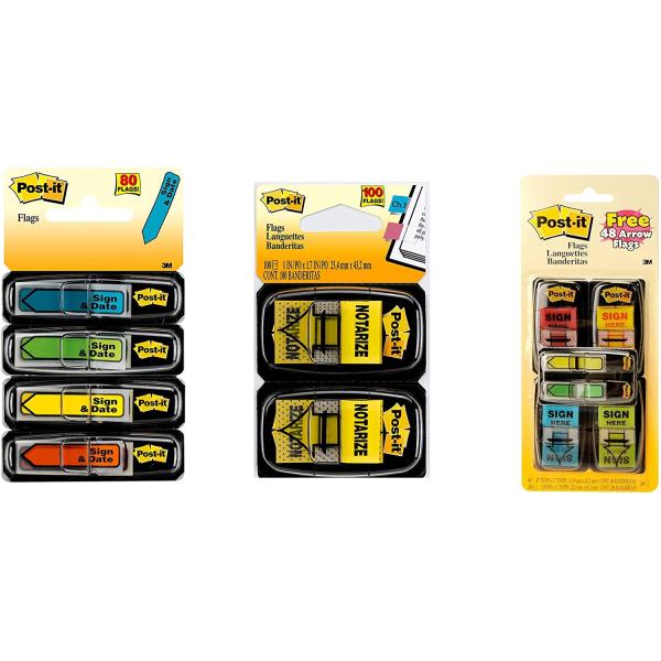 Post-it Message Flags Bundle, "Sign Here"/"Notarize"/"Sign and Date", Assorted Primary Colors, 420 Flags Total