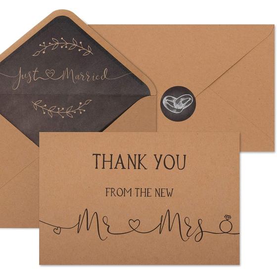 VNS Creations 100 Wedding Thank You Cards with Envelopes & Stickers | Bulk Mr and Mrs Thank You Notes | Rustic Blank 4” x 6" Thank You From the New Mr & Mrs