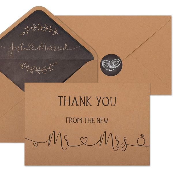 VNS Creations 100 Wedding Thank You Cards with Envelopes & Stickers | Bulk Mr and Mrs Thank You Notes | Rustic Blank 4” x 6" Thank You From the New Mr & Mrs