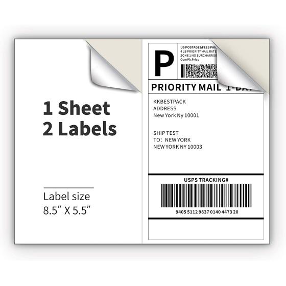 KKBESTPACK Half Sheet Shipping Labels for Laser and Inkjet Printers – 2 Per Page Self Adhesive Mailing Labels – White 8.5 x 5.5 (200 Labels) (2LP)