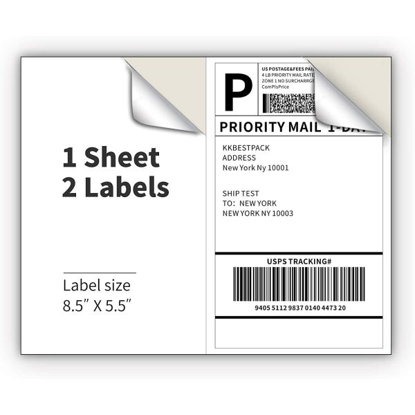 KKBESTPACK Half Sheet Shipping Labels for Laser and Inkjet Printers – 2 Per Page Self Adhesive Mailing Labels – White 8.5 x 5.5 (200 Labels) (2LP)