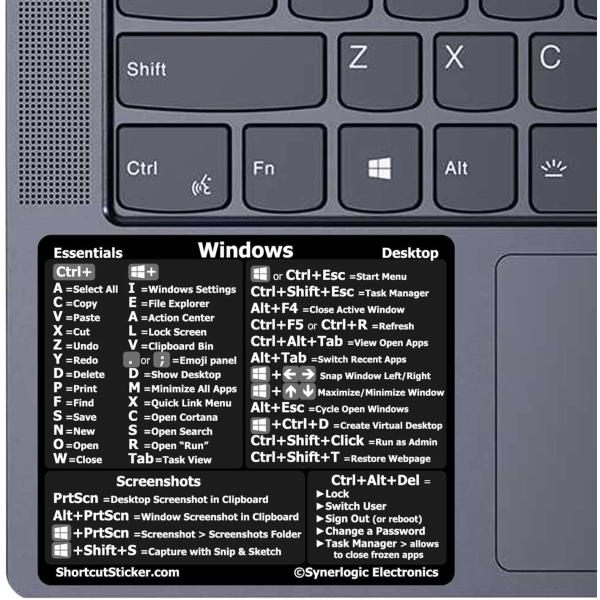 SYNERLOGIC Windows PC Reference Keyboard Shortcut Vinyl Sticker, Laminated, no-Residue Adhesive, for Any PC Laptop or Desktop SM: 3"x2.5" (Black)