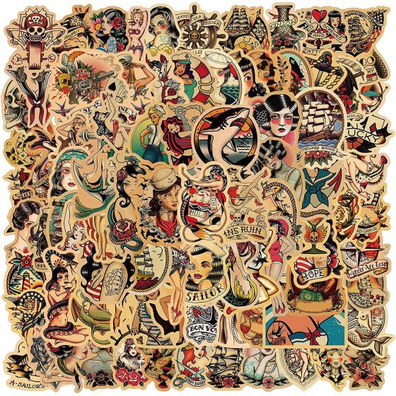 Vintage Stickers| 100 PCS |Retro Stickers Packs for Adults,Pin up Stickers SailorJerry Stickers and Decals,Pinup Girl Stickers,Vinyl Waterproof Stickers for Laptop,Bumper,Skateboard,Water Bottles,Computer(A)