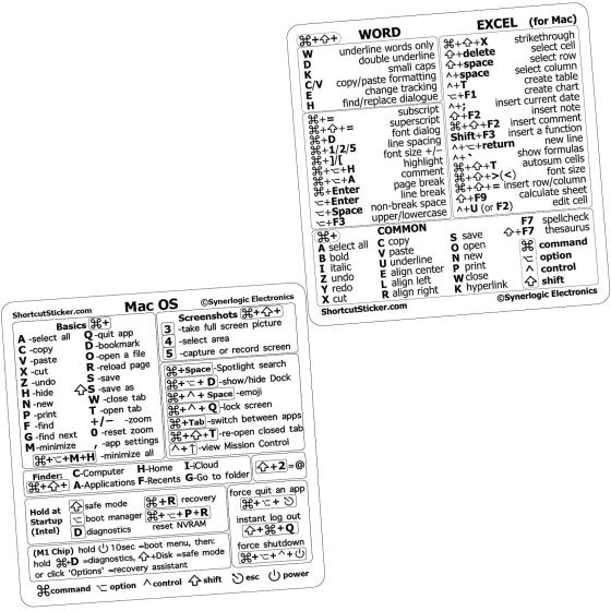 SYNERLOGIC Mac OS (M/Intel) + Word/Excel (for Mac) Quick Reference Keyboard Shortcut Stickers - for MacBook Air/Pro/iMac/Mac/Mini (Clear, 1 Set)