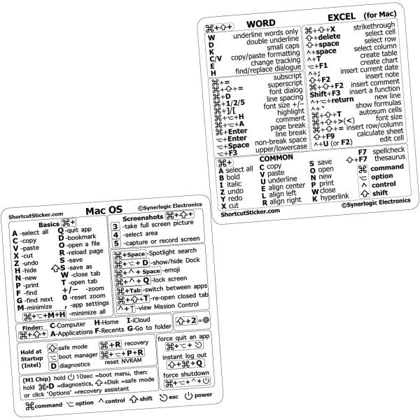 SYNERLOGIC Mac OS (M/Intel) + Word/Excel (for Mac) Quick Reference Keyboard Shortcut Stickers - for MacBook Air/Pro/iMac/Mac/Mini (Clear, 1 Set)