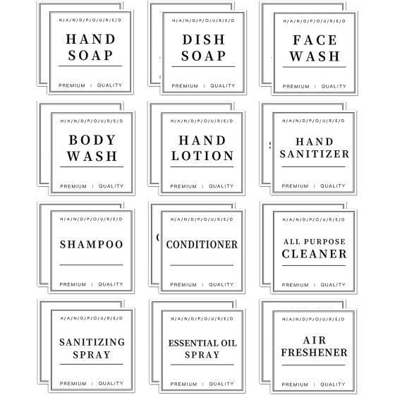 24 PCS White Waterproof Labels for Bottles, Shampoo and Conditioner Dispenser Label Stickers, Bathroom Hand Soap Label Stickers,Removable Cleaning Labels for Glass/Plastic Spray Bottle