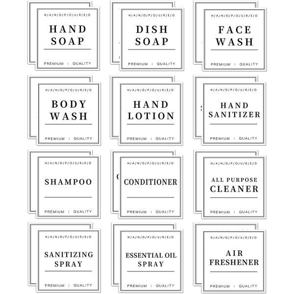 24 PCS White Waterproof Labels for Bottles, Shampoo and Conditioner Dispenser Label Stickers, Bathroom Hand Soap Label Stickers,Removable Cleaning Labels for Glass/Plastic Spray Bottle