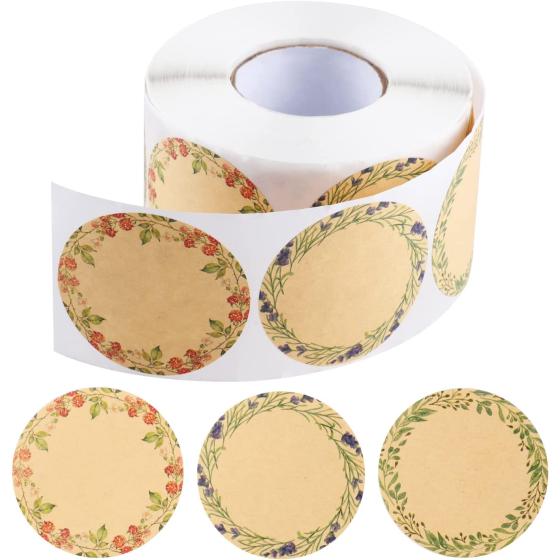 600 Pcs 2" Canning Jar Labels Stickers, Kraft Gift Name Labels Tags Stickers Floral Round for Mason Jars Lids Spice Labels Bottle Labels with 3 Pattern Designs (Brown)