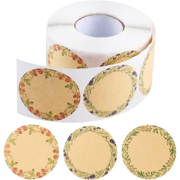 600 Pcs 2" Canning Jar Labels Stickers, Kraft Gift Name Labels Tags Stickers Floral Round for Mason Jars Lids Spice Labels Bottle Labels with 3 Pattern Designs (Brown)