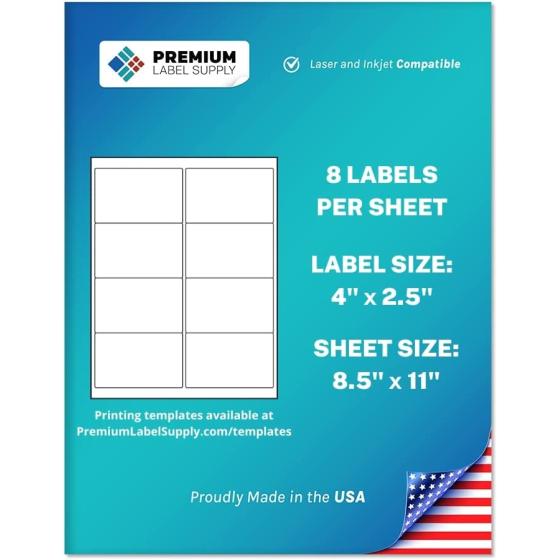 Premium Label Supply White Sticker Shipping / Mailing Labels – 4” x 2.5" – Laser/Inkjet Compatible – (8 Labels/Sheet), 25 Sheets – 200 Total Adhesive Labels