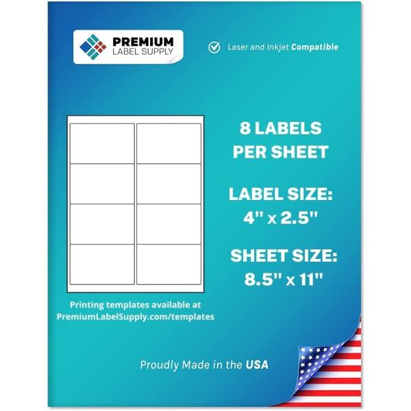 Premium Label Supply White Sticker Shipping / Mailing Labels – 4” x 2.5" – Laser/Inkjet Compatible – (8 Labels/Sheet), 25 Sheets – 200 Total Adhesive Labels
