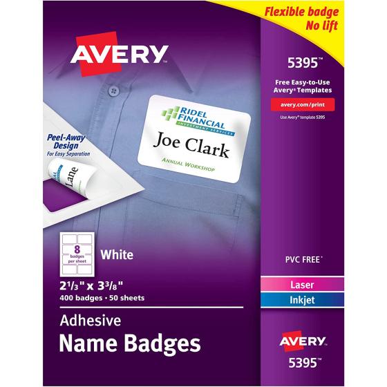 Avery Flexible Name Tag Stickers, White Rectangle Labels, 400 Removable Name Badges, 2-1/3" x 3-3/8" (5395)