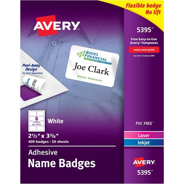 Avery Flexible Name Tag Stickers, White Rectangle Labels, 400 Removable Name Badges, 2-1/3" x 3-3/8" (5395)