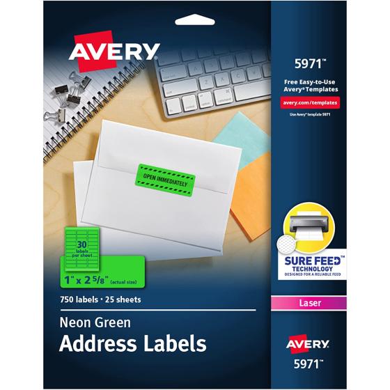 Avery Neon Address Labels with Sure Feed for Laser Printers, 1 x 2 5/8", 750 Green Stickers(5971)