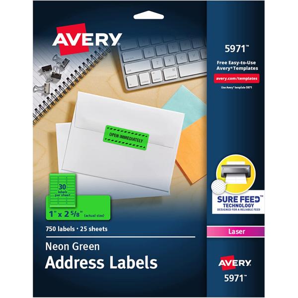 Avery Neon Address Labels with Sure Feed for Laser Printers, 1 x 2 5/8", 750 Green Stickers(5971)