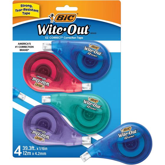 BIC Wite-Out Brand EZ Correct Correction Tape, 19.8 Feet, 4-Count Pack of white Correction Tape, Fast, Clean and Easy to Use Tear-Resistant Tape Office or School Supplies