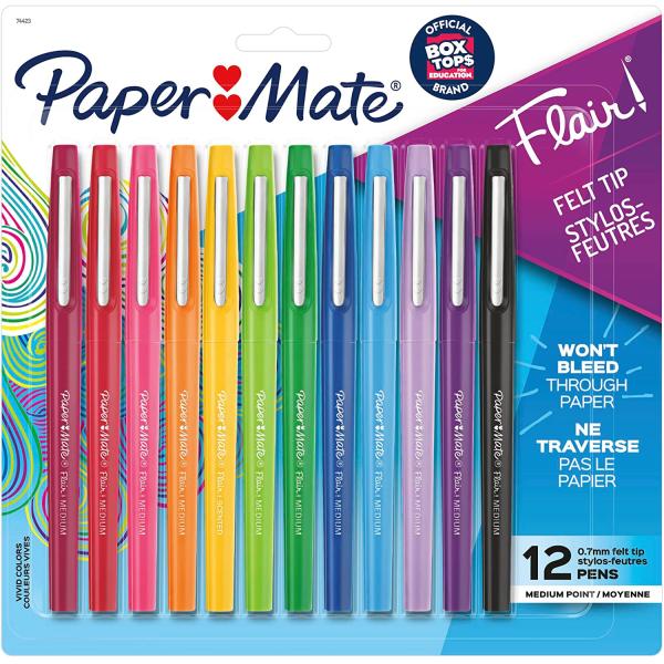 Paper Mate Flair Felt Tip Pens, Medium Point (0.7mm), Assorted Colors, 12 Count