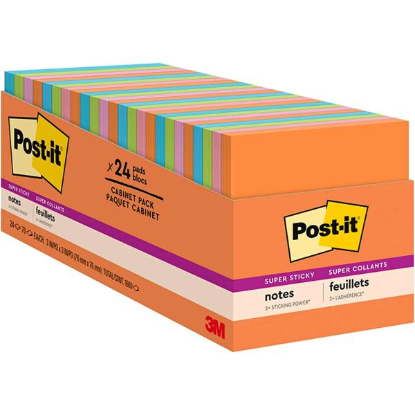 Post-it Super Sticky Notes, 3x3 in, 24 Pads, 2x the Sticking Power, Energy Boost, Bright Colors (Orange, Pink, Blue, Green),Recyclable (654-6SSAU)