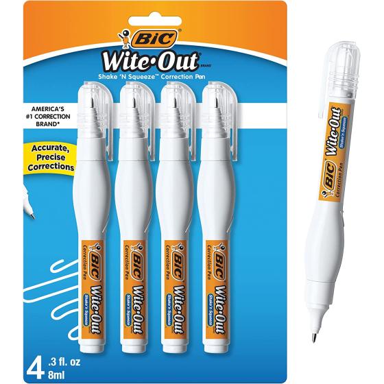 BIC Wite-Out Brand Shake 'n Squeeze Correction Pen, 8 ML Correction Fluid, 4-Count Pack of white Correction Pens, Fast, Clean and Easy to Use Office or School Supplies