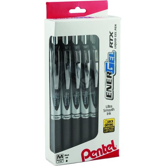 Pentel EnerGel RTX RT Liquid Gel Pen, Med, Metal Tip, 0.7mm, Black Ink, 12-Pk Window Box of 12 (BL77PC12A1)