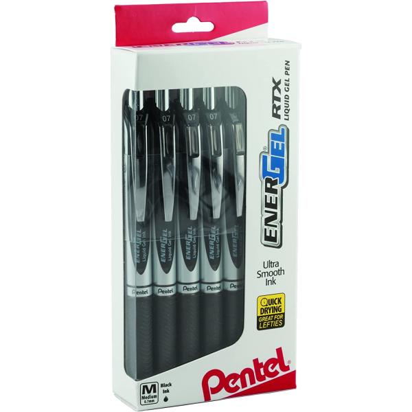 Pentel EnerGel RTX RT Liquid Gel Pen, Med, Metal Tip, 0.7mm, Black Ink, 12-Pk Window Box of 12 (BL77PC12A1)
