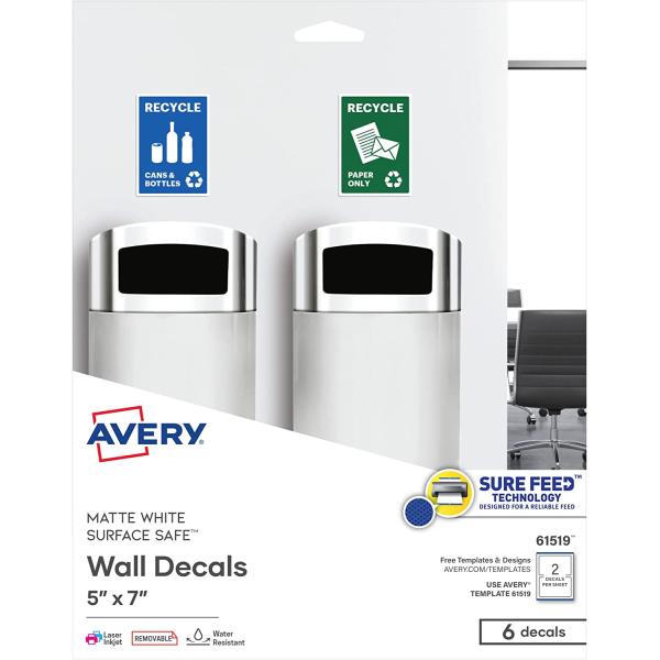 Avery Customizable Removable Wall Decals, 5" x 7", Matte White, Water Resistant Printable Labels, 3 Blank Wall Decal Stickers (61516)