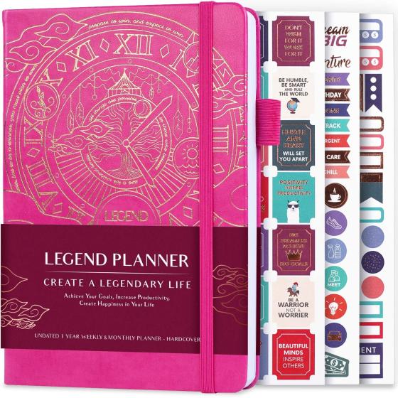 Legend Planner – Deluxe Weekly & Monthly Life Planner to Hit Your Goals & Live Happier. Organizer Notebook & Productivity Journal. A5 Hardcover, Undated – Start Any Time + Stickers – Hot Pink Gold