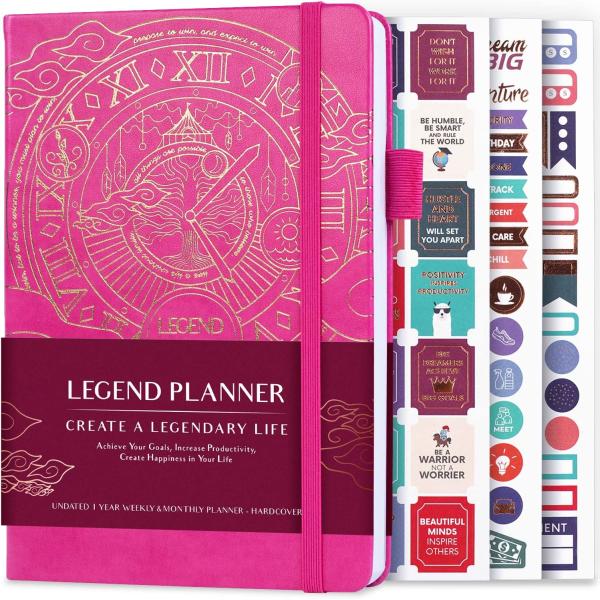 Legend Planner – Deluxe Weekly & Monthly Life Planner to Hit Your Goals & Live Happier. Organizer Notebook & Productivity Journal. A5 Hardcover, Undated – Start Any Time + Stickers – Hot Pink Gold