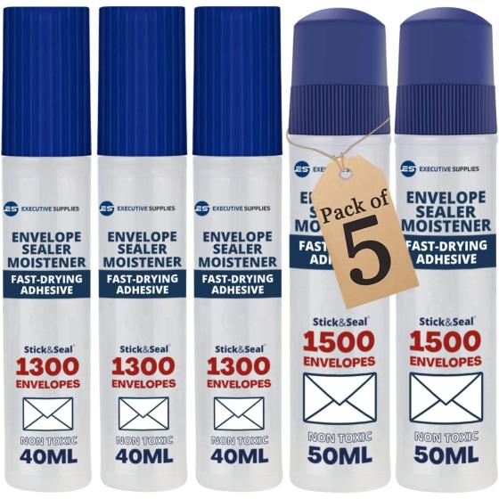 Envelope Moistener Sealer with Adhesive,dab n Seal, Stamp and Letter Glue licker, Fast Drying, Non Toxic,Ideal for envelopes,Stamps,Letters. Seals Upto 6900 Units, 5 Pack, by Executive Supplies
