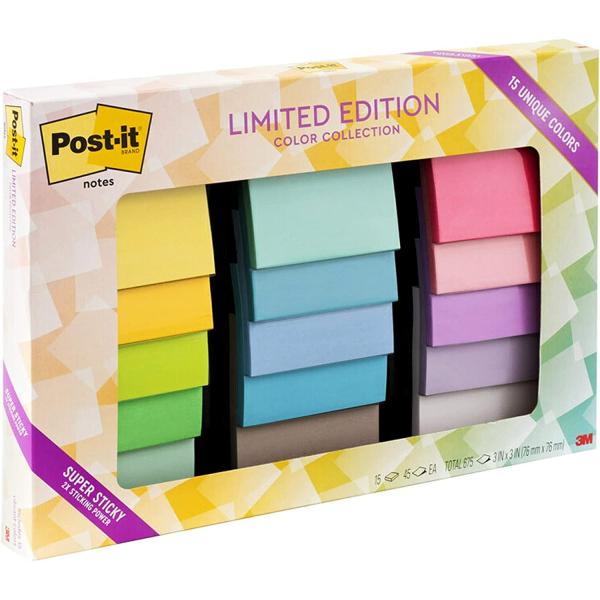 Post-it Super Sticky Notes, Limited Edition Color Collection, 3x3 in, 15 Pads/Pack, 45 Sheets/Pad (654-15SSALL)