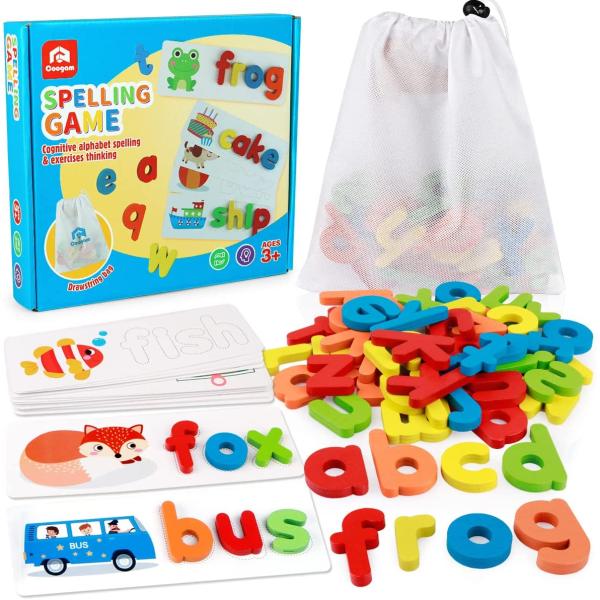 Coogam Read Spelling Learning Toy, Wooden Alphabet Flash Cards Matching Sight Words ABC Letters Recognition Game Preschool Educational Tool Set for 3 4 5 Years Old Girls and Boys Kids