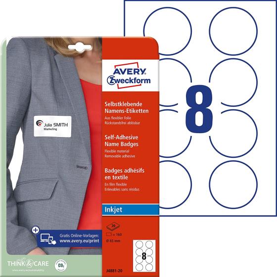 Avery Zweckform Name Labels (160 Name Stickers, Diameter 65 mm on DIN A4, Self-Adhesive, Printable Textile Labels for Inkjet Printers, Residue-Free Removable, Round, 20 Sheets J4881-20) White