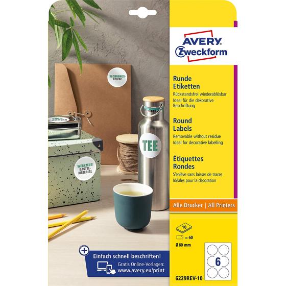 AVERY Zweckform 6229REV-10 Round Labels (60 Adhesive Dots, Diameter 80 mm on A4, Round Stickers for Printing, Removable Without Residue/Removable, Self-Adhesive Jam Labels), 10 Sheets, White