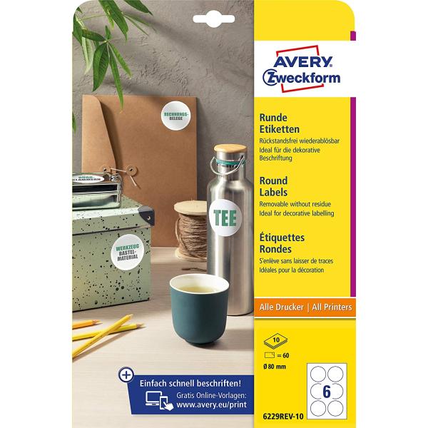 AVERY Zweckform 6229REV-10 Round Labels (60 Adhesive Dots, Diameter 80 mm on A4, Round Stickers for Printing, Removable Without Residue/Removable, Self-Adhesive Jam Labels), 10 Sheets, White