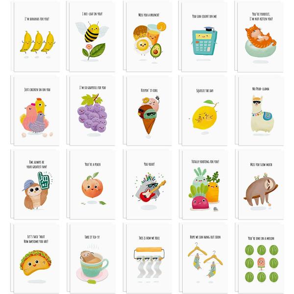 40 Funny Postcards Punny Puns - Bulk Thinking of You Postcard Pack for Friends, Family, Kids, Students, Teacher, and More - Say Hello, Thank You or I Miss You with Hilarious Animals and Food Cartoon Note Cards
