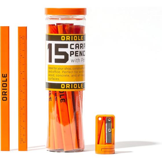 Orange Carpenter Pencil Set - Includes 15 Flat Construction Pencils with Printed Ruler, 1 Carpenter Pencil Sharpener & 1 Clear Storage Container - Smoothly Write on Wood, Concrete & Stone - Pencil Kit