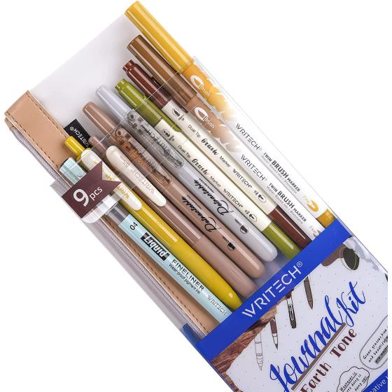 Writech Journaling Gel Pens Highlighters: 0.5mm Fine Point Retractable Gel Ink Pen Assorted Colored Highlighter Fineliner Multicolor Dual Tip Brush Marker Bulk Extra Smooth No Bleed 9ct (Earth Tone)