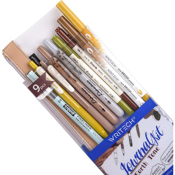 Writech Journaling Gel Pens Highlighters: 0.5mm Fine Point Retractable Gel Ink Pen Assorted Colored Highlighter Fineliner Multicolor Dual Tip Brush Marker Bulk Extra Smooth No Bleed 9ct (Earth Tone)