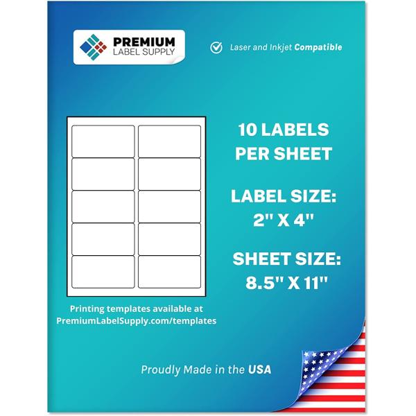 Premium Label Supply White Sticker Address Labels – 2” x 4" – Laser/Inkjet Compatible – (10 Labels/Sheet), 25 Sheets – 250 Total Adhesive Labels