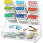 NiOffice Clear Pen Organizer, Acrylic Desk Organizer with 10 Compartments for Pens, Marker Pencil Storage & Art Supplies Ideal for Office, School and Home Use