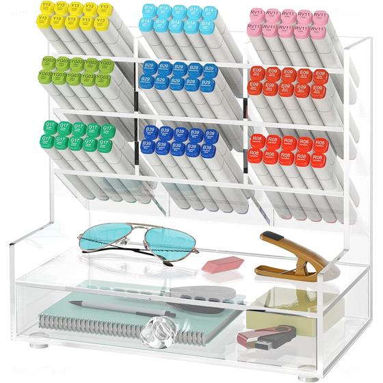 NiOffice Clear Pen Organizer, Acrylic Desk Organizer with 10 Compartments for Pens, Marker Pencil Storage & Art Supplies Ideal for Office, School and Home Use