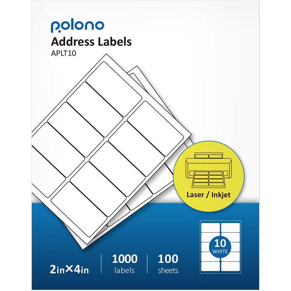 2" x 4" Shipping Address Labels Compatible with Avery 5163 8163, POLONO Internet Mailing Shipping Labels, White Sticker Labels for Laser/Inkjet Printer, Permanent Adhesive (1000 Labels, 100 Sheets)